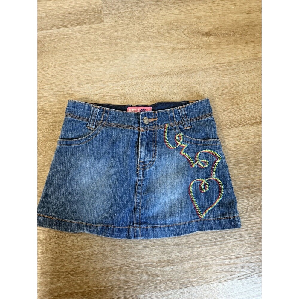 Y2K Just A Girl Mini Skirt Girls Size 7 Rainbow Heart Embroidery Vintage Denim